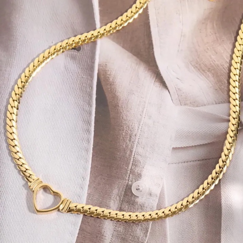 Cuban Lknk Chain 18K Gold Plated Heart Stainless Steel Love Necklace - Picture 2 of 7